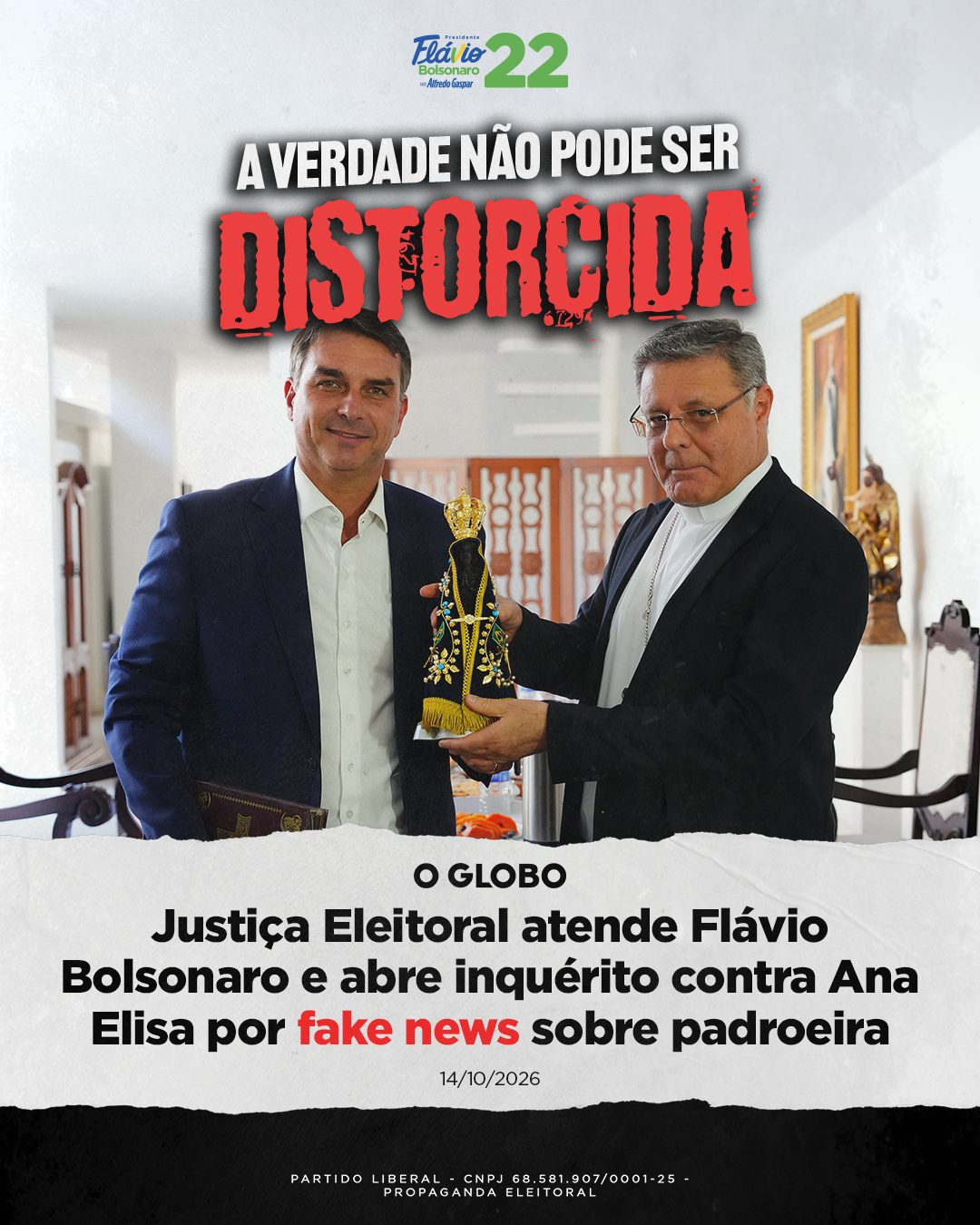 A verdade não pode ser distorcida: Justiça Eleitoral atende Flávio Bolsonaro e abre inquérito contra Ana Elisa por fake news sobre a padroeira