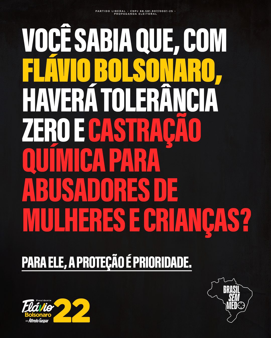 Com Flávio Bolsonaro, haverá tolerância zero e castração química para abusadores de mulheres e crianças. Para ele, a proteção é prioridade.